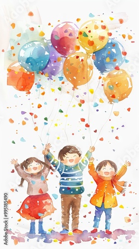 A group of children are holding balloons and smiling