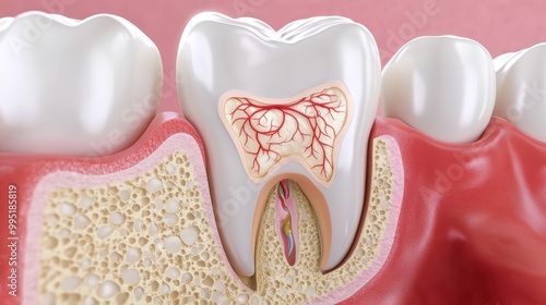 Dental anatomy, cross-section of tooth, detailed tooth root structure, gum tissue, nerve endings, blood vessels, microscopic view, medical illustration, educational diagram, high detail, 3D rendering, photo