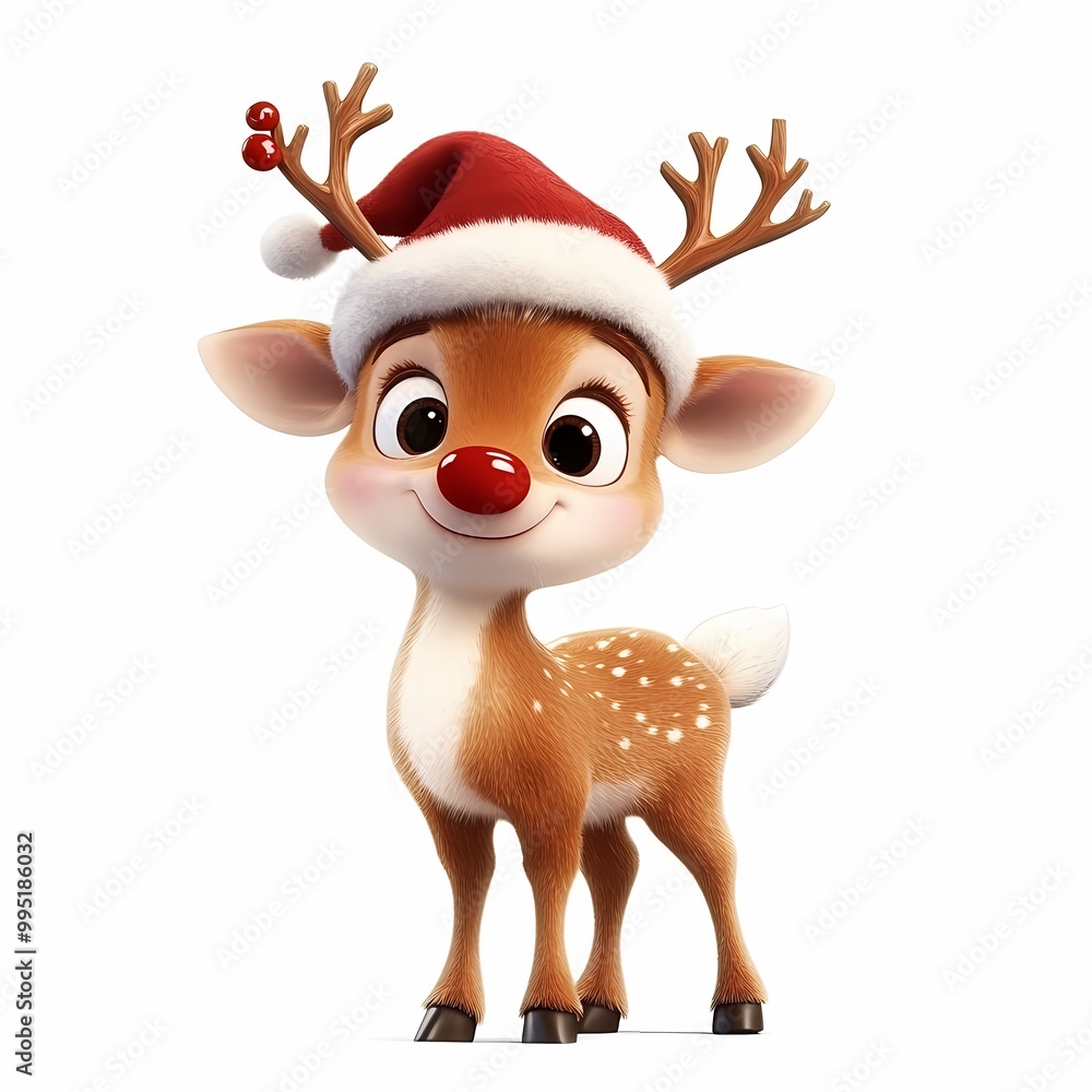 Cute Cartoon Rudolph with Christmas Hat and Antlers Cute Cartoon Rudolph with Christmas Hat and Antlers