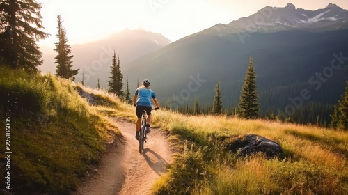 Mountain biking, scenic trail, golden hour, lush forest, misty mountains, adventure sports, rugged terrain, sunlit meadow, coniferous trees, atmospheric landscape, action shot, winding path, outdoor r