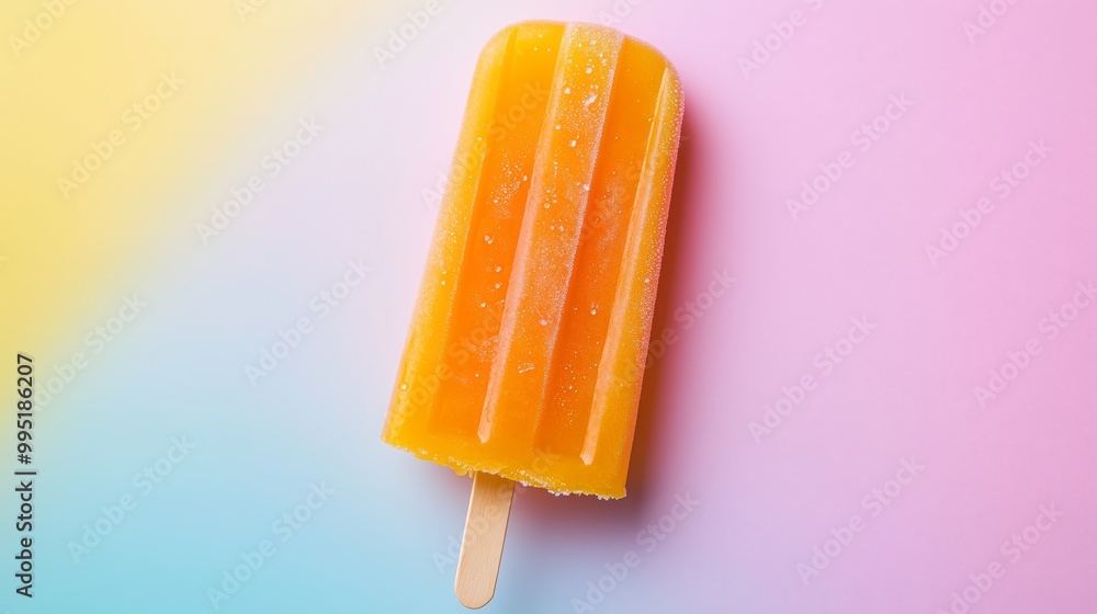 A bright orange popsicle gleams on a pastel background, radiating summer vibes and nostalgia. A bright orange popsicle gleams on a pastel background, radiating summer vibes and nostalgia.
