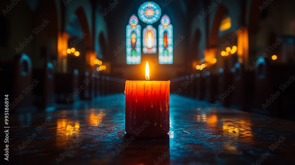 A single lit candle on a church pew in front of a stained glass window. A single lit candle on a church pew in front of a stained glass window.