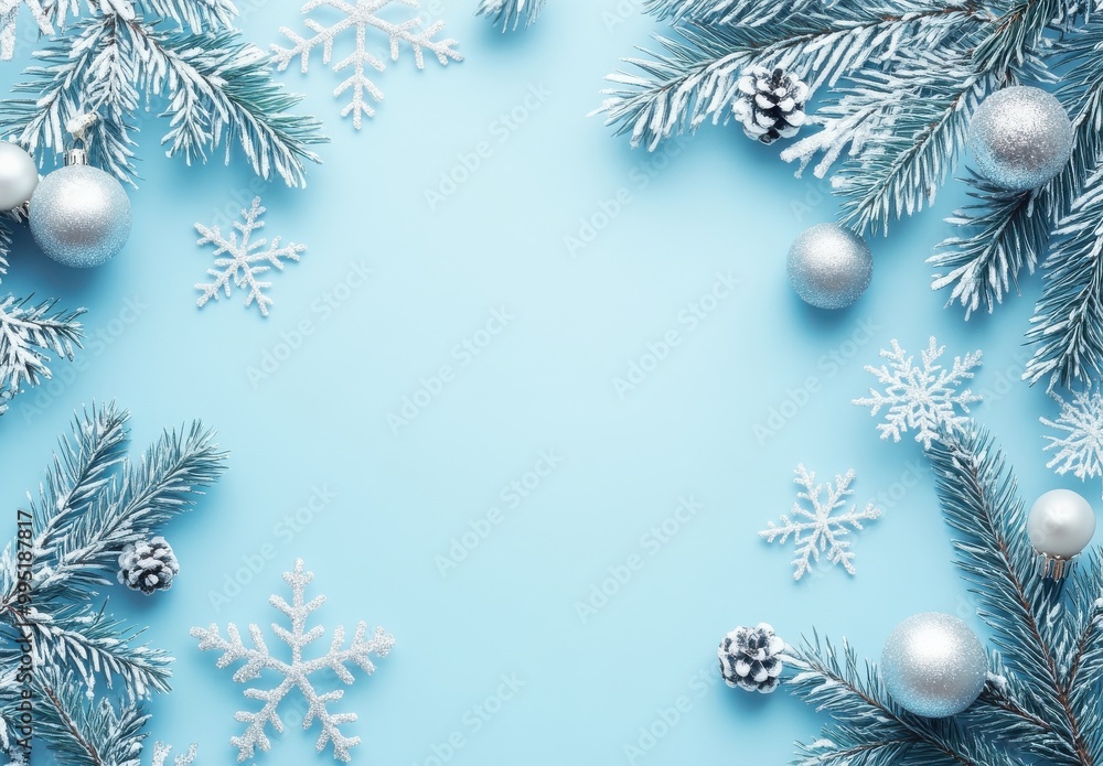 Blue winter background with pine branches, snowflakes, and Christmas ornaments
Blue winter background with pine branches, snowflakes, and Christmas ornaments
