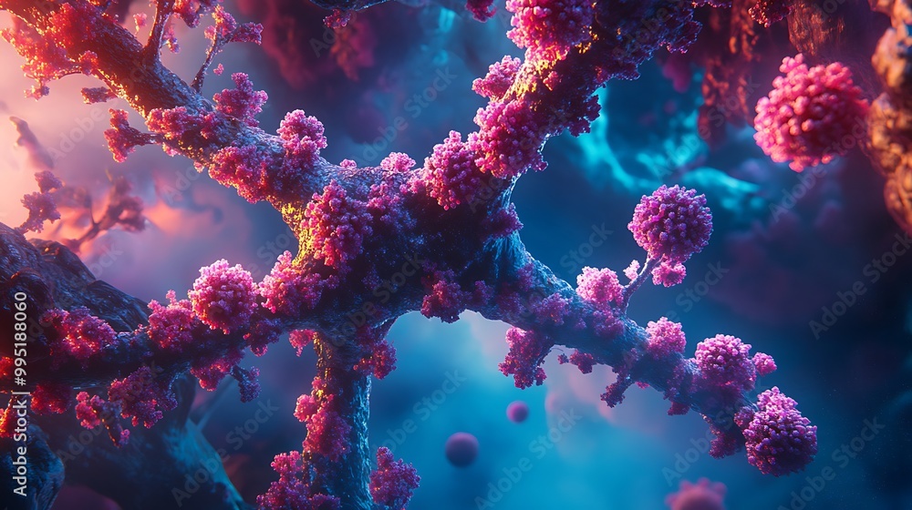Fototapeta premium Virus in the Bronchioles A close-up of viral particles passing through the bronchioles, the smaller airways leading to the alveoli. 