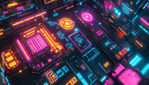  Bright, glowing neon signs in various shapes and colors, with a futuristic, cyberpunk-style backdrop