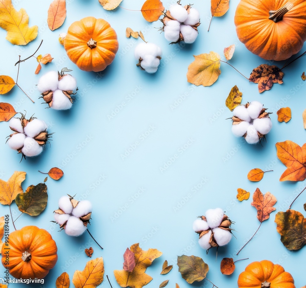 Obraz premium Autumn background with pumpkins, cotton flowers, and leaves on light blue backdrop.