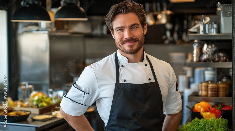 The chef smiles proudly while surrounded by a variety of fresh ingredients and premium tools, preparing to create gourmet dishes in a vibrant kitchen atmosphere The chef smiles proudly while surrounded by a variety of fresh ingredients and premium tools, preparing to create gourmet dishes in a vibrant kitchen atmosphere