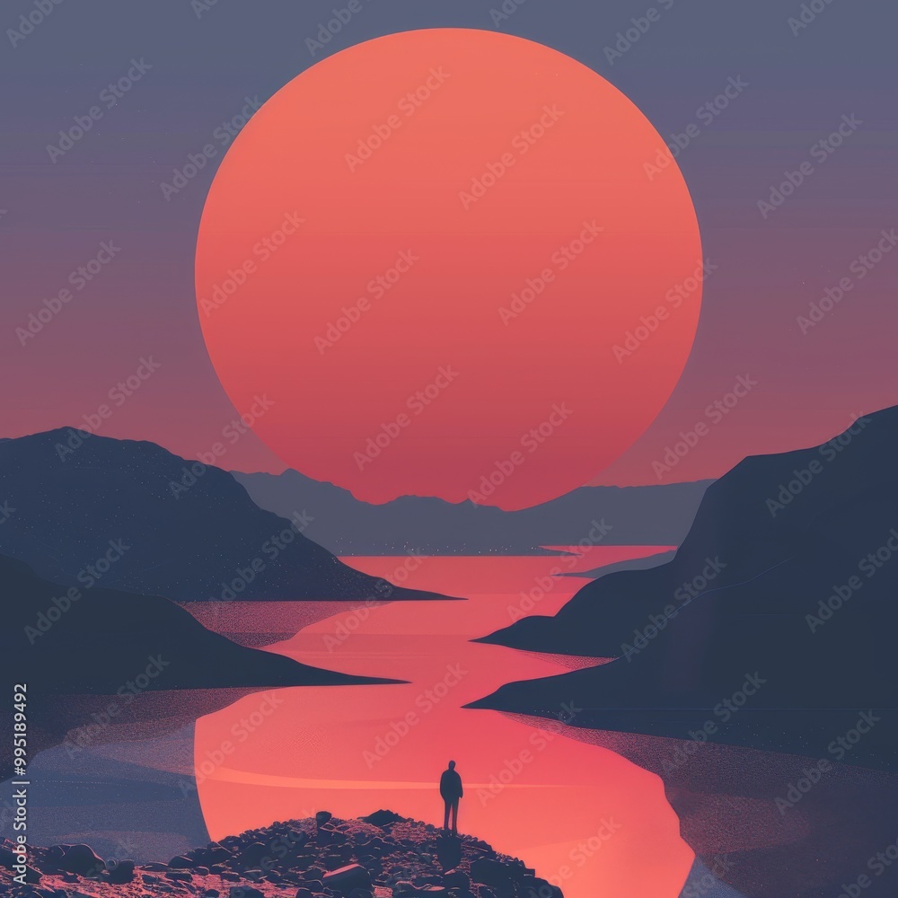 Fototapeta premium A man stands on a rocky shore looking out at a large red sun