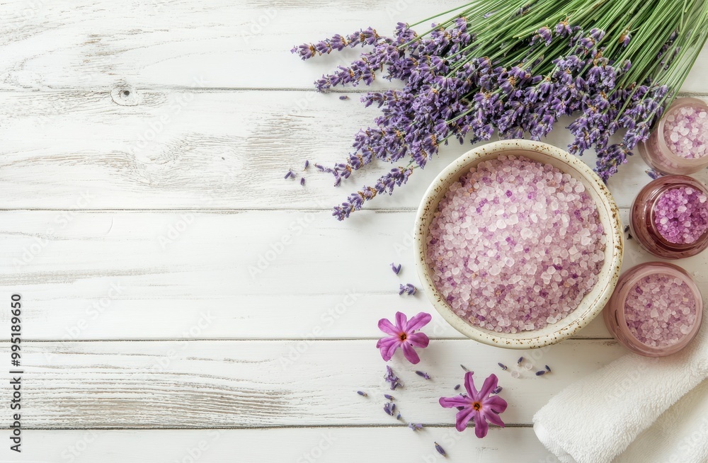 Lavender spa setting with bath salts and candles on white wooden background
Lavender spa setting with bath salts and candles on white wooden background