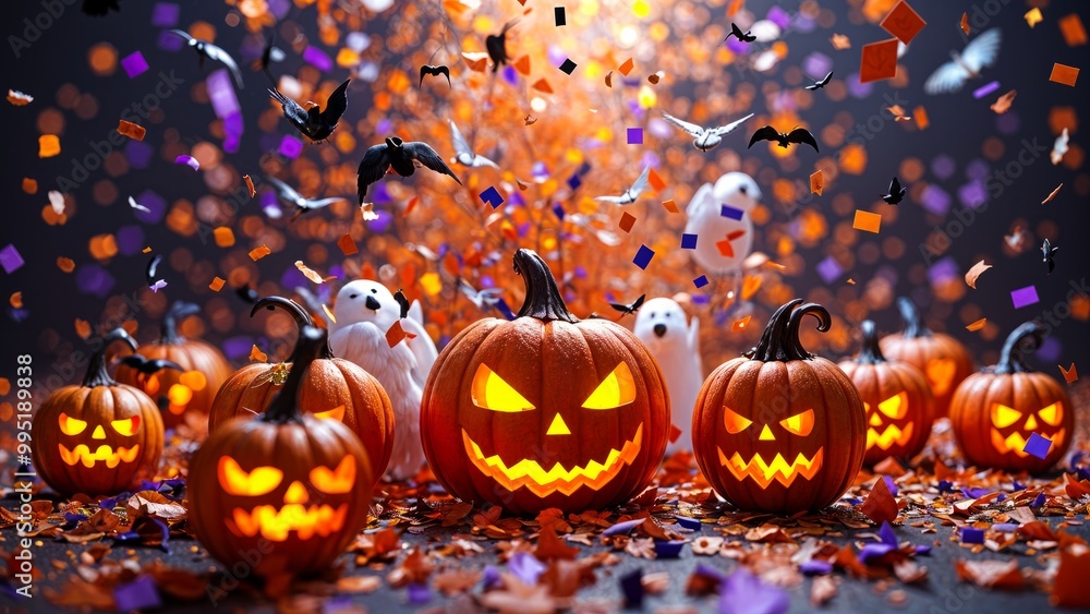 Naklejka premium Colorful confetti as abstract party wallpaper background header, Paper cut art, Halloween atmosphere