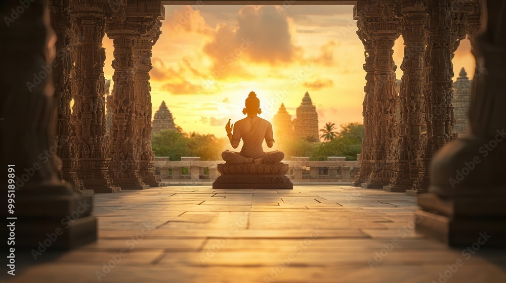 Brahma in a grand temple setting, surrounded by intricate carvings and vibrant patterns, representing the birth of the universe Brahma in a grand temple setting, surrounded by intricate carvings and vibrant patterns, representing the birth of the universe