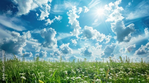 Serene Wildflower Meadow on a Sunny Day and Blue Sky with White Cloud Background