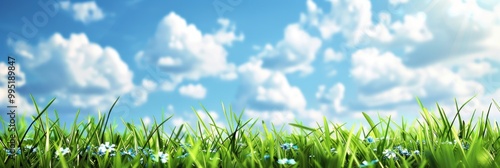 Serene Wildflower Meadow on a Sunny Day and Blue Sky with White Cloud Background