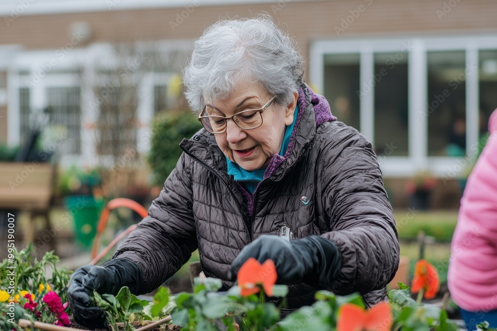 A senior taking part in a gardening club. The hands-on activity promotes physical movement and social interaction A senior taking part in a gardening club. The hands-on activity promotes physical movement and social interaction
