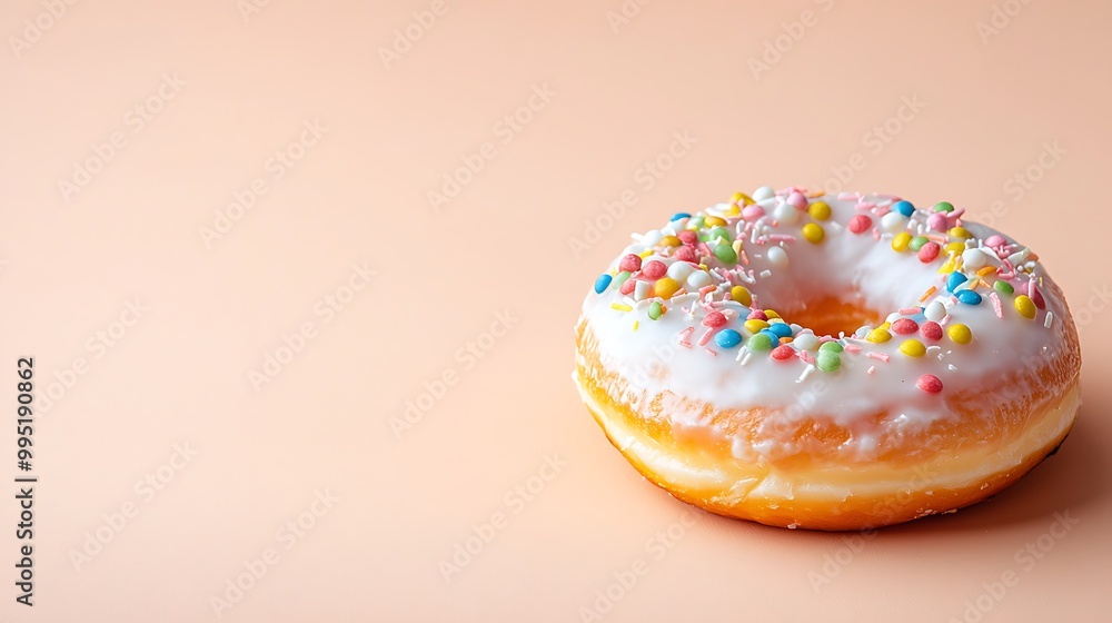 A single doughnut with colorful candy toppings, placed on a smooth peach fuzz tone surface. The entire doughnut is sharply focused with deep depth of field, leaving space for text around it. A single doughnut with colorful candy toppings, placed on a smooth peach fuzz tone surface. The entire doughnut is sharply focused with deep depth of field, leaving space for text around it.