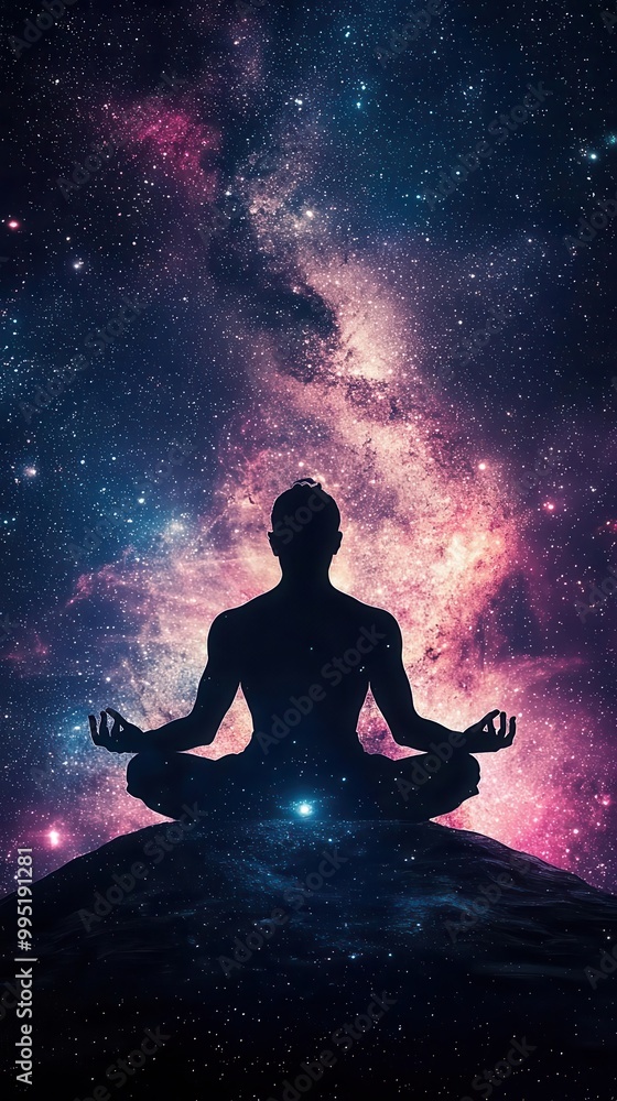 Brahma meditating on the cosmic lotus, floating in space, surrounded by vibrant stars and galaxies, Hindu spirituality Brahma meditating on the cosmic lotus, floating in space, surrounded by vibrant stars and galaxies, Hindu spirituality
