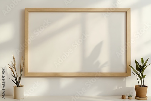 A photo of a large, minimalist wood picture frame mounted on a white wall, featuring a thick, simple light wood frame with clean lines and a soft natural finish, elegant and modern with ample space