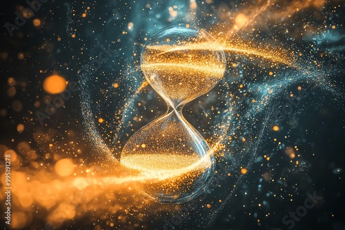 Futuristic hourglass with glowing, vibrant particles illustrating the concept of time in a digital universe.