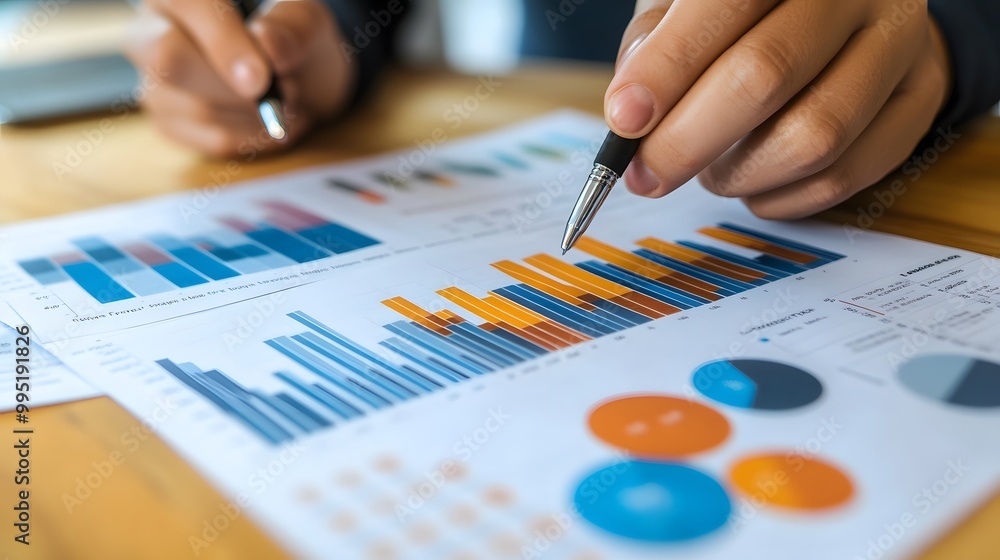 Person Analyzing Financial Charts and Data with a Pen Person Analyzing Financial Charts and Data with a Pen