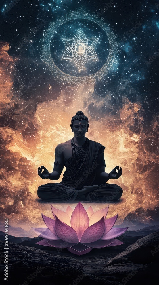 Brahma seated on a lotus flower, with serene expression, surrounded by celestial symbols, Hindu religious art Brahma seated on a lotus flower, with serene expression, surrounded by celestial symbols, Hindu religious art