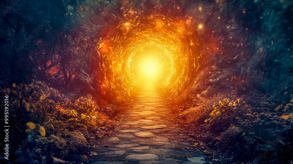 Magical gate leading to another world appearing in forest Magical gate leading to another world appearing in forest
