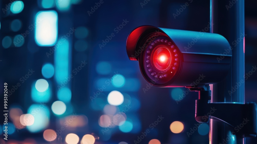 Surveillance camera with a red light against a blurred urban background at night. Surveillance camera with a red light against a blurred urban background at night.