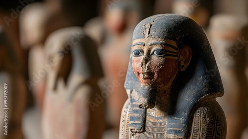 Detailed close up view of a meticulously crafted shabti figurine an ancient Egyptian artifact typically placed in tombs to serve the deceased in the afterlife photo