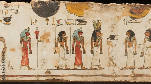 Detailed close up view of a scene from the ancient Egyptian Book of the Dead showcasing the ritual weighing of the soul s heart against the feather of truth before the deity Anubis photo