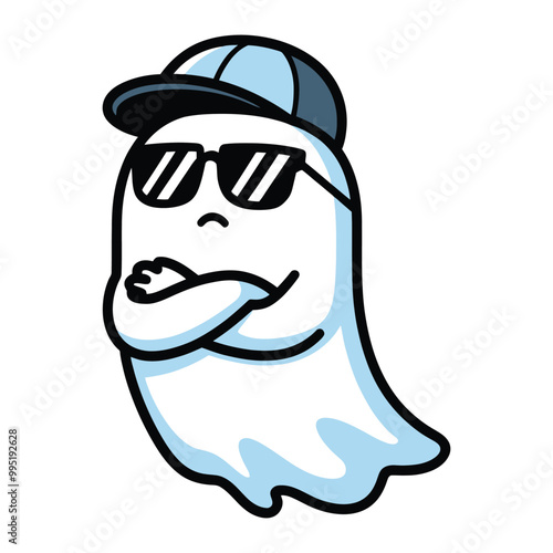 Cool ghost with sunglasses and cap cartoon illustration