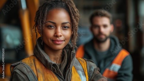  Confident African-American Female Construction Worker in Safety Vest Standing Proudly in Industrial Setting with Male Colleague in the Background