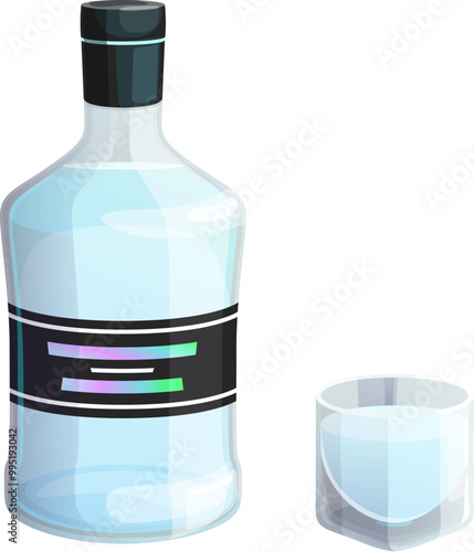 Gin alcohol bottle and a glass for bar menu. Cartoon vector crystal-clear and elegantly labeled, bottle with a short glass nearby, filled with clear liquid promising a refreshing, aromatic experience