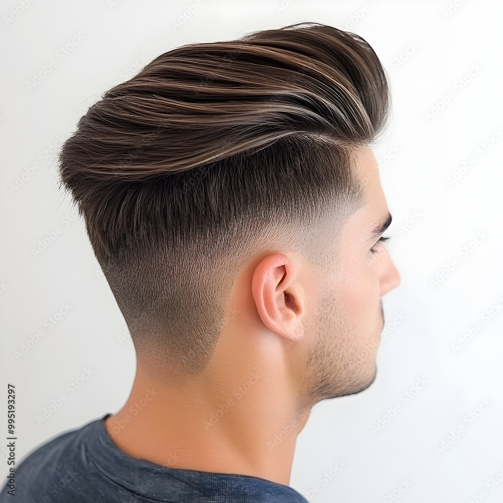 Obraz premium A 360 degree view showcasing a sleek and modern slicked back hairstyle with faded sides highlighting the seamless transition between the different lengths and textures