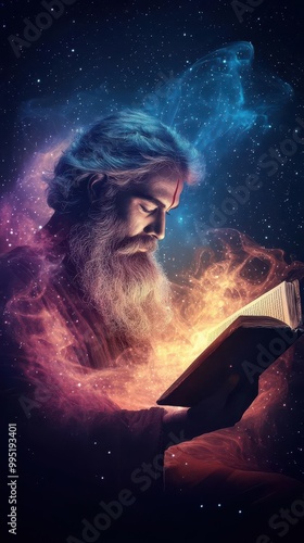 Fourfaced Brahma holding ancient scriptures, surrounded by swirling cosmic energy, symbolizing divine wisdom and creation photo