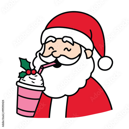 Santa Claus Drinking Holiday Milkshake with Holly Decoration Illustration photo