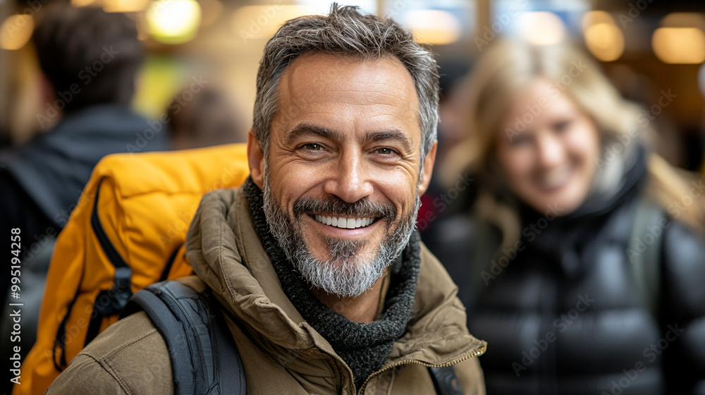 A cheerful man with a backpack and yellow jacket smiles in a bustling urban environment, radiating adventure and joy. A cheerful man with a backpack and yellow jacket smiles in a bustling urban environment, radiating adventure and joy.