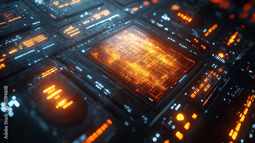 A close-up view of a futuristic circuit board with glowing orange and blue elements, symbolizing technology and digital innovation.