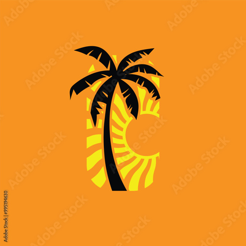 Summer beach sticker with a surfer theme. Emblem with sea wave surfboard and palm tree. Sticker or label or t-shirt print, emblem.
