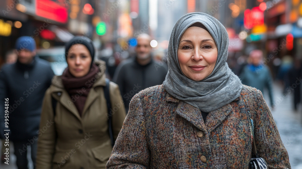 A confident woman in a hijab walks through a bustling city street, surrounded by diverse pedestrians on a lively day. A confident woman in a hijab walks through a bustling city street, surrounded by diverse pedestrians on a lively day.