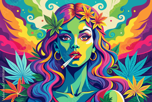 woman with flowers. Vibrant attractive women smoking. illustration wallpaper.