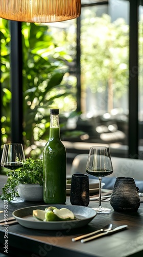 Premium Green Juice Bottle on Modern Dining Table.