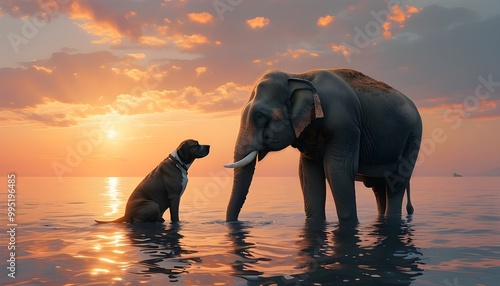 Surreal Sunset Scene of Elephant and Dog Bonding in the Sea, Capturing Unlikely Animal Friendship and Dreamlike Tranquility in Nature