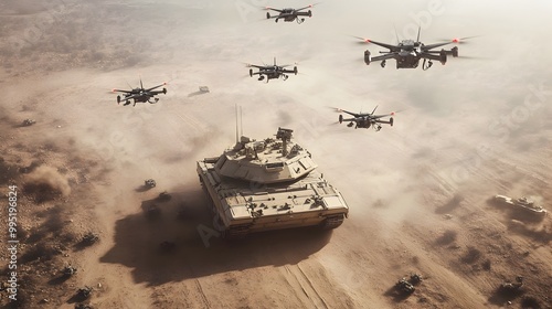 A futuristic military autonomous tank surrounded by a protective swarm of defensive drones