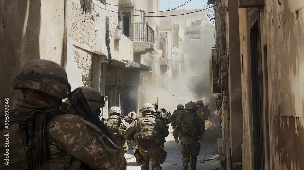 A group of military personnel advancing tactically through narrow city streets utilizing surrounding buildings and structures as cover and concealment during an urban warfare scenario A group of military personnel advancing tactically through narrow city streets utilizing surrounding buildings and structures as cover and concealment during an urban warfare scenario