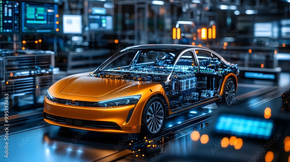 Futuristic electric car with transparent body, showcasing advanced technology and design in a modern workshop environment. Futuristic electric car with transparent body, showcasing advanced technology and design in a modern workshop environment.