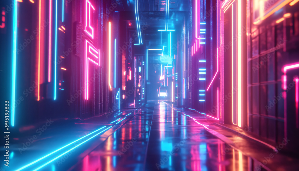 Bright, glowing neon signs in various shapes and colors, with a futuristic, cyberpunk-style backdrop Bright, glowing neon signs in various shapes and colors, with a futuristic, cyberpunk-style backdrop