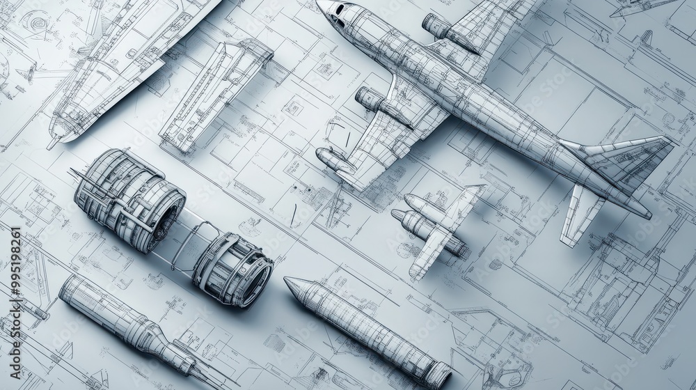An array of aeronautical components showcased in an engineering blueprint An array of aeronautical components showcased in an engineering blueprint