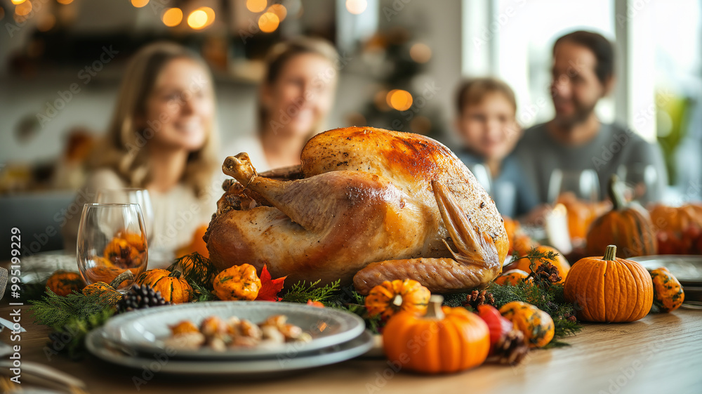 Roast Turkey on Festive Table with Family in the Background - Thanksgiving Dinner Roast Turkey on Festive Table with Family in the Background - Thanksgiving Dinner