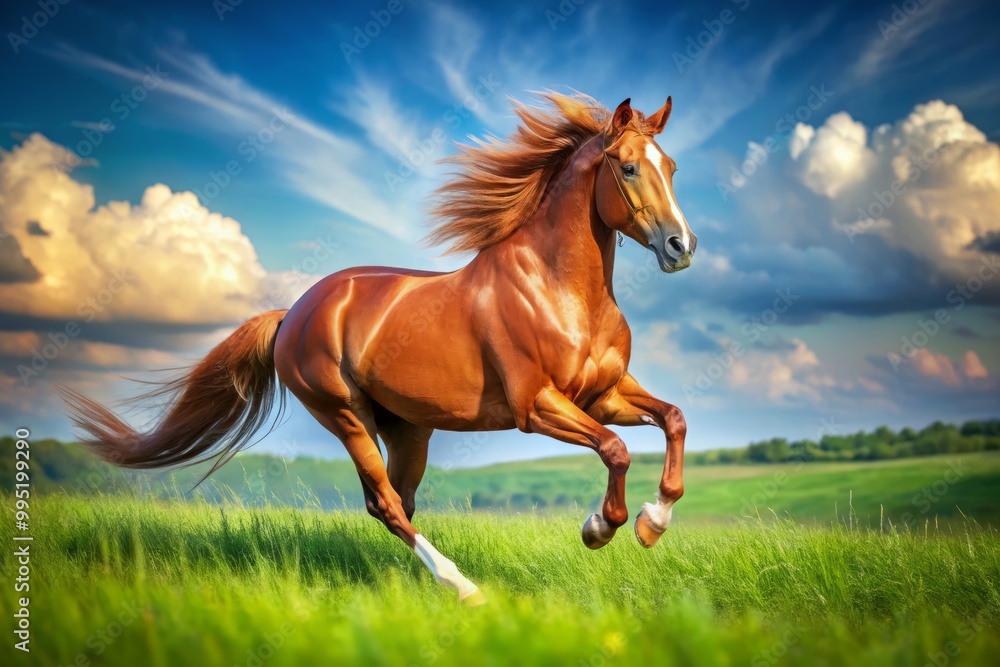 A magnificent chestnut stallion gallops gracefully through a vibrant meadow, bathed in sunshine, under a brilliant blue A magnificent chestnut stallion gallops gracefully through a vibrant meadow, bathed in sunshine, under a brilliant blue