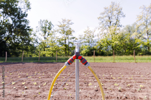 Farm irrigation setup with hoses in field, dripping tap, watering system on farmland, agriculture tools, farming equipment concept