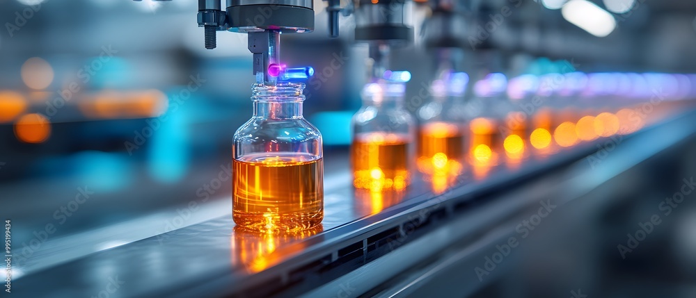 Close-up of automated machinery filling glass bottles with orange liquid in a modern production line. Close-up of automated machinery filling glass bottles with orange liquid in a modern production line.